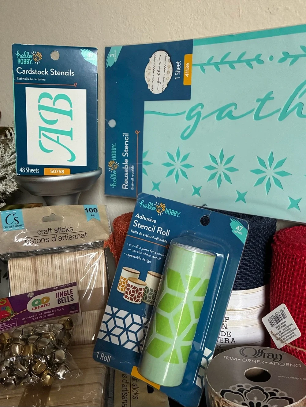 NWT Assorted Craft Bundle Set: Burlap/Ribbons/Stencils/Craft Sticks/Jingle Bells